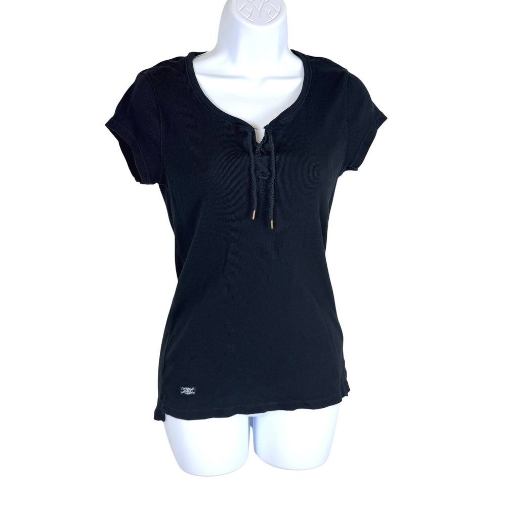 Ralph Lauren LRL Lace Up Henley Top M Black Ribbed Short Sleeve Minimalist Basic